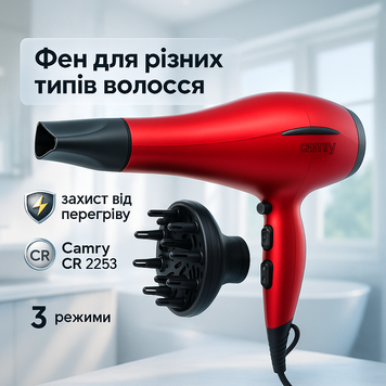 Фен для волосся Camry CR 2253 2600Вт з дифузором 2 швидкості 3 режими 6x65y6x6s фото