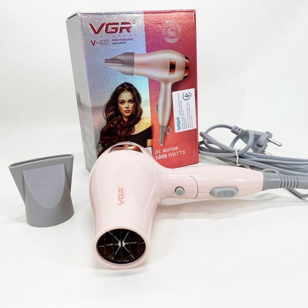 Фен для волосся дорожній VGR V-432 PINK, з концентратором 1000 Вт, іонізація та 2 режими. Колір: рожевий 7985l41t фото