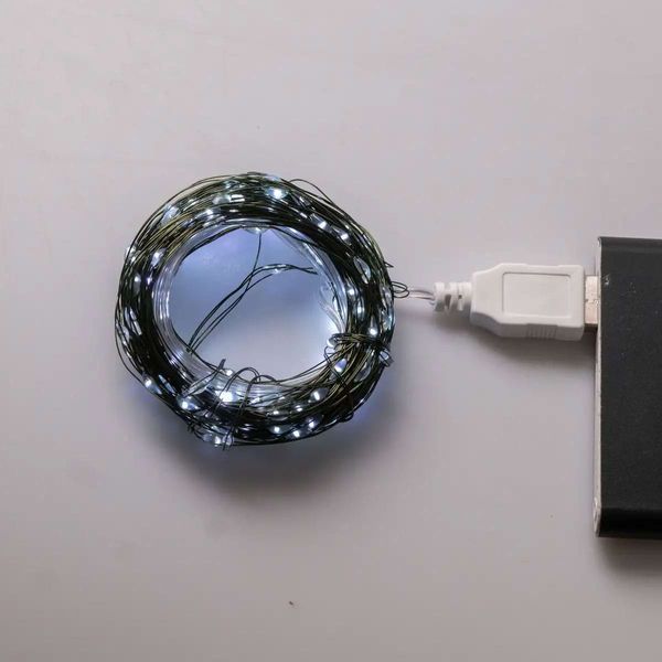 Гирлянда роса 10 метров USB на 100 led светодиодов капля белый провод белая USB100L10MWW USB100L10MWW фото